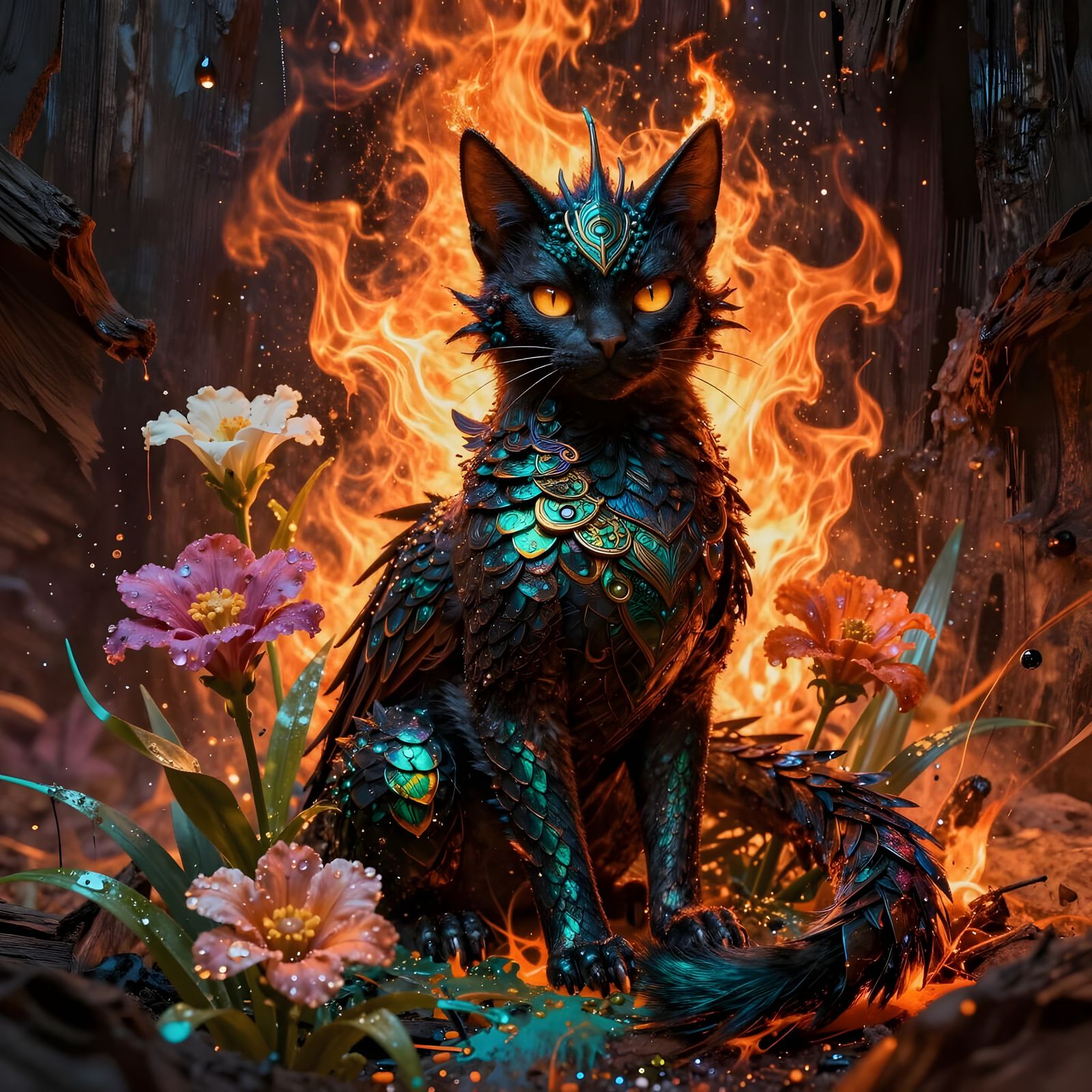 Dragon Cat Hybrid with Peacock Features in Fiery Splatter Ar...