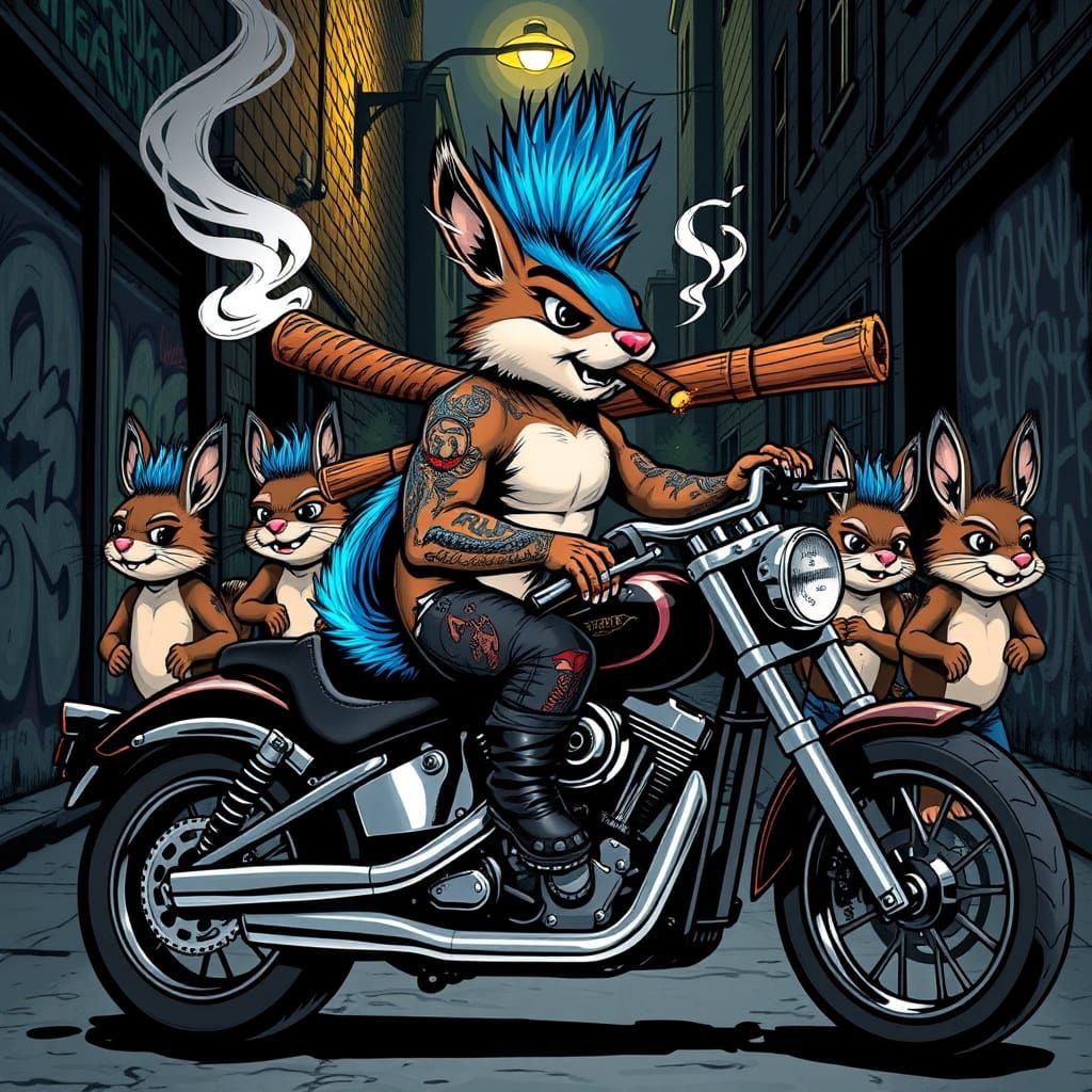 hooligan squirrel with a mohican and tattos. sitting on a harley davidson motor cycle. smoking a cigar and holding a bas...