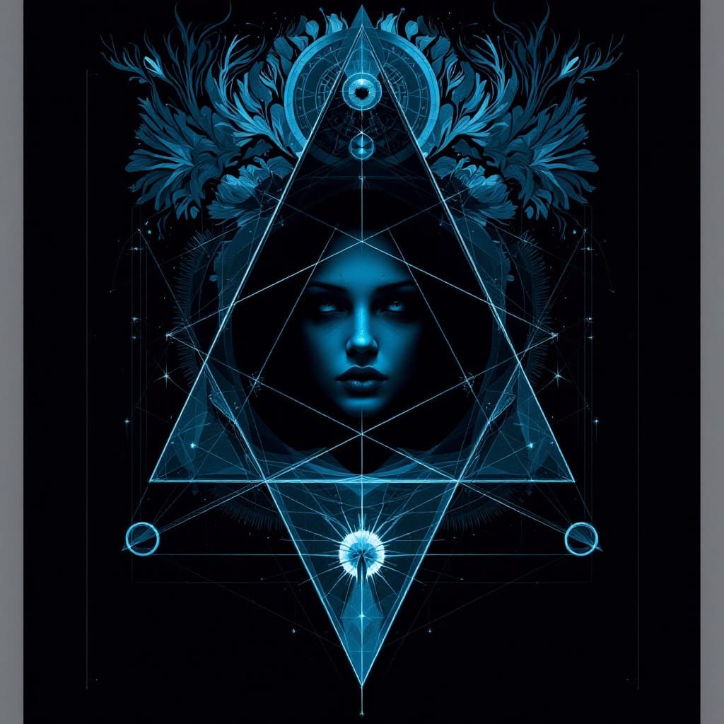 Mysterious Face Emerges from Geometric Depths in Blue