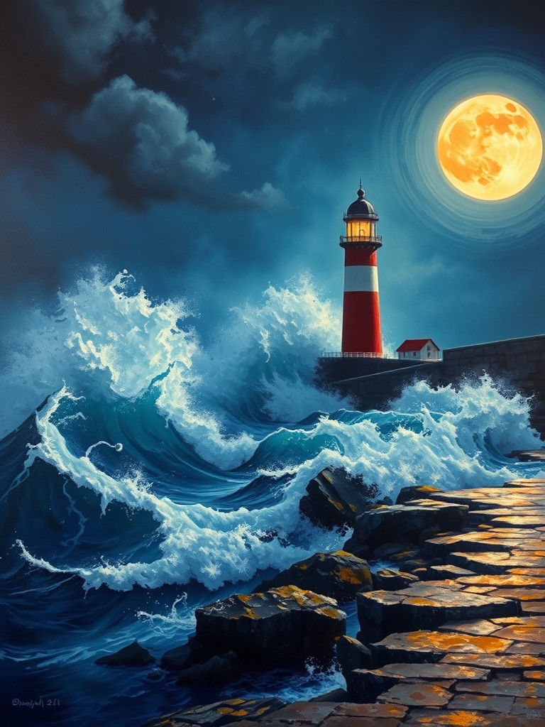 Lighthouse Under Moonlight in Rembrandt Style