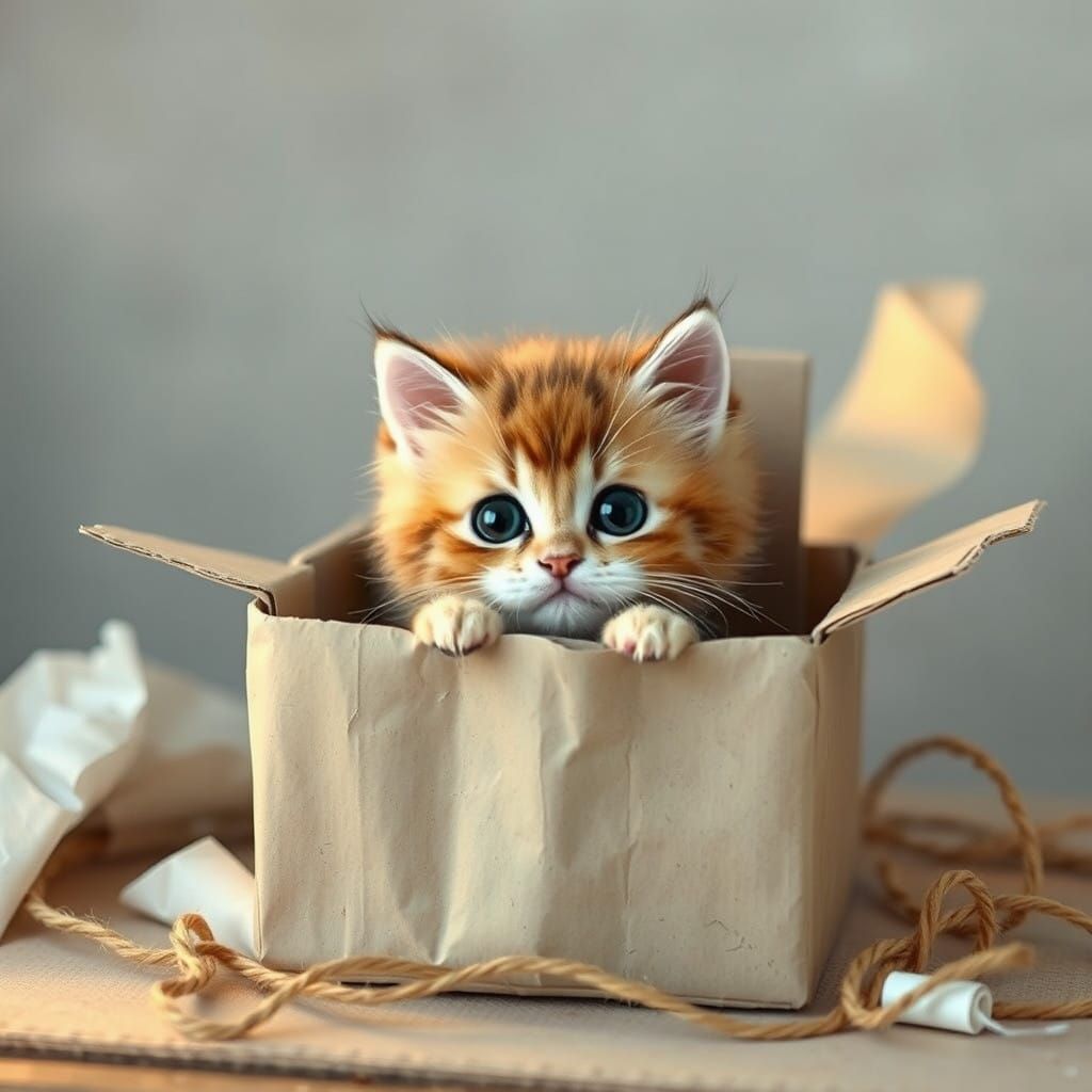 Whimsical Kitten Peeks from Cozy Cardboard Box