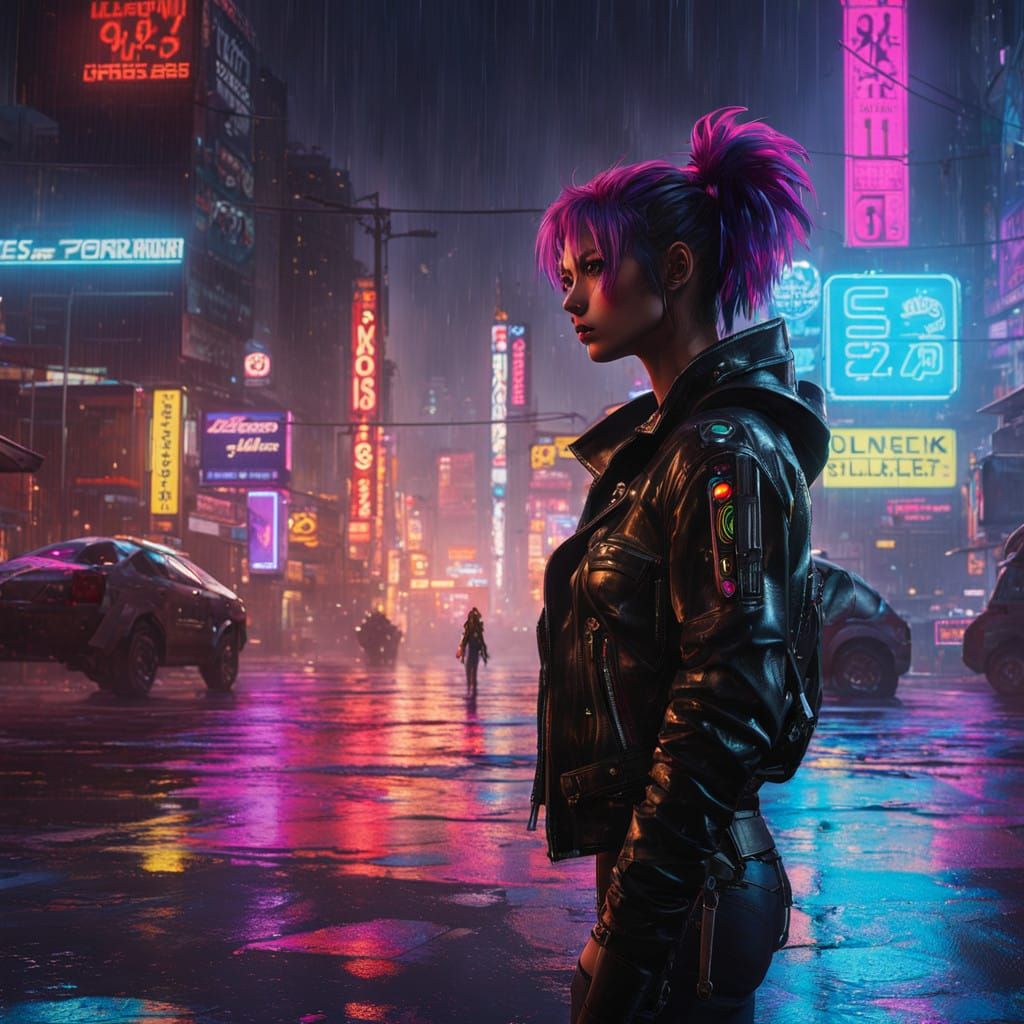 Cyberpunk Woman in Neon City Streets