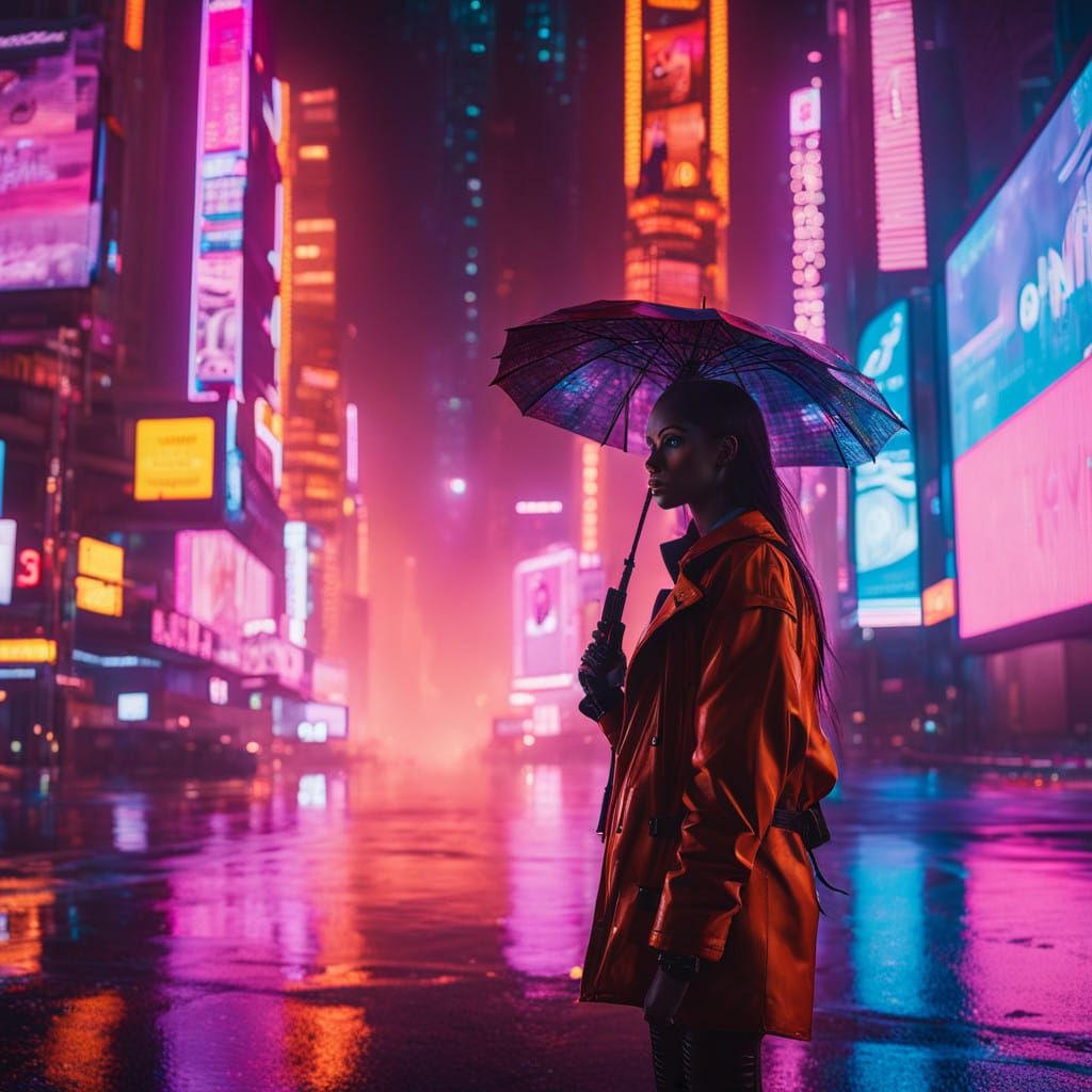 Cyberpunk Woman in Dystopian Landscape