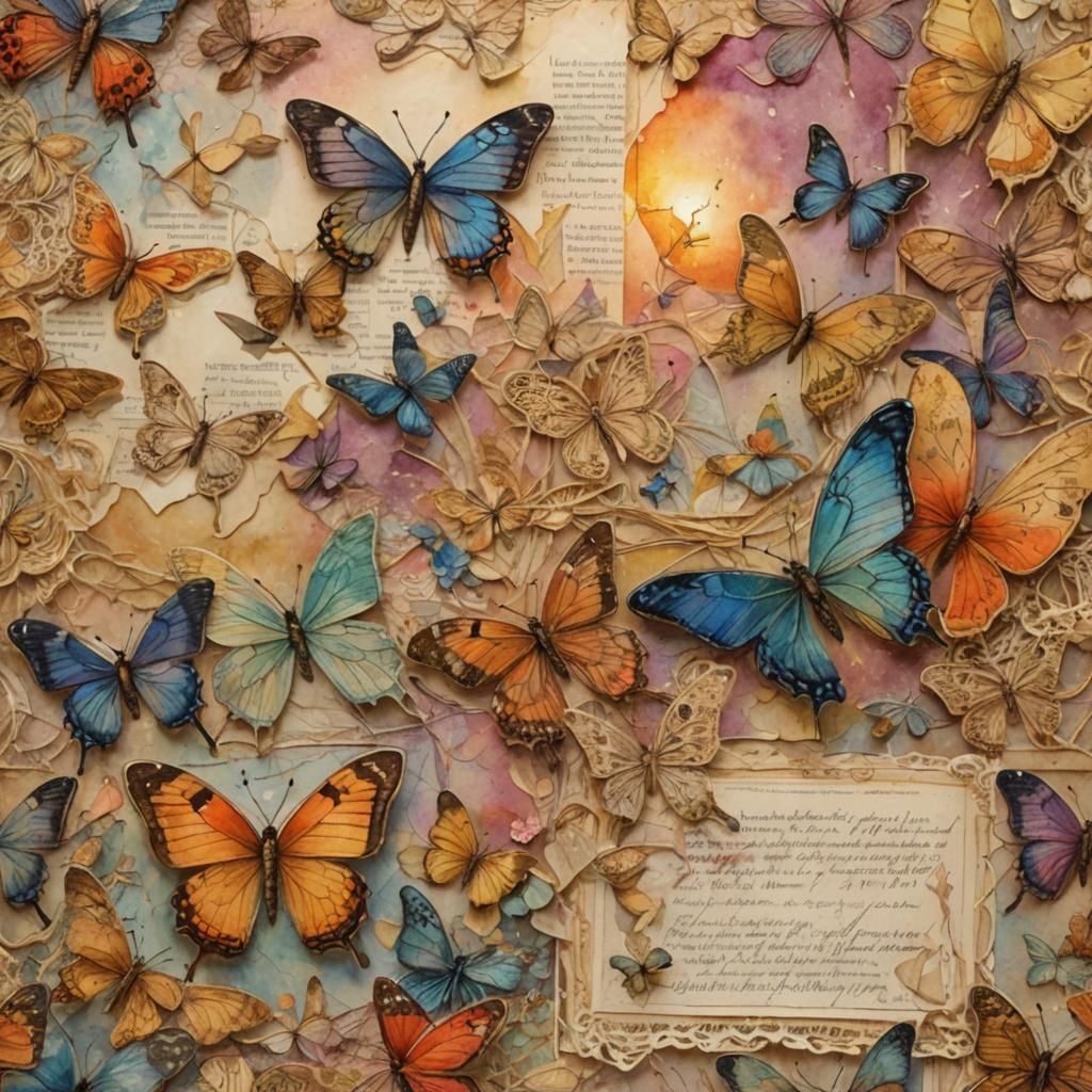 Iridescent Butterflies Watercolor on Antique Paper
