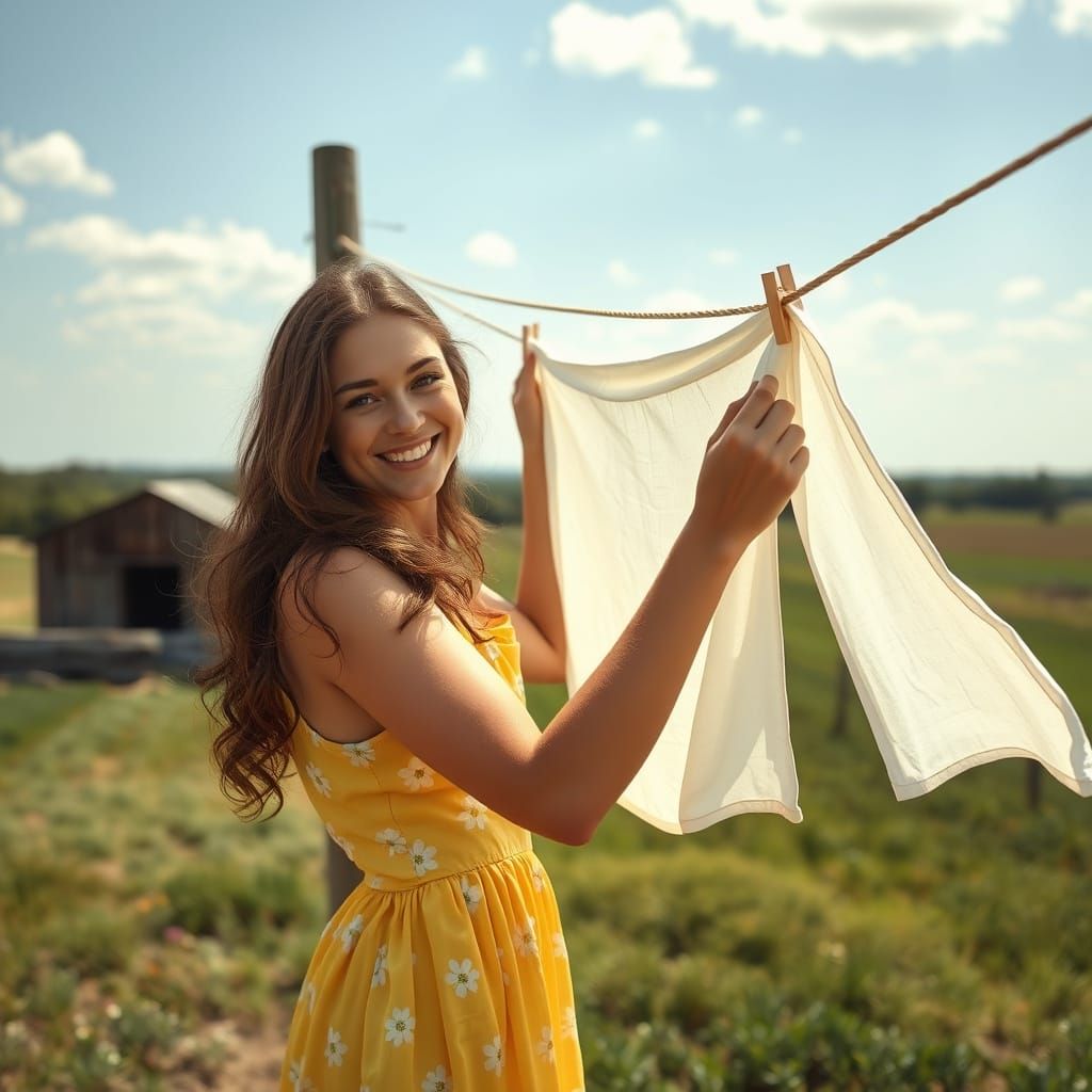Serene Rural Farm Scene with Woman Hanging Laundry