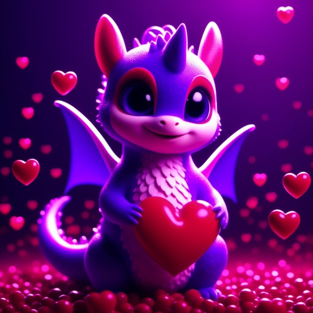 Little Dragon Surrounded by Purple Hearts