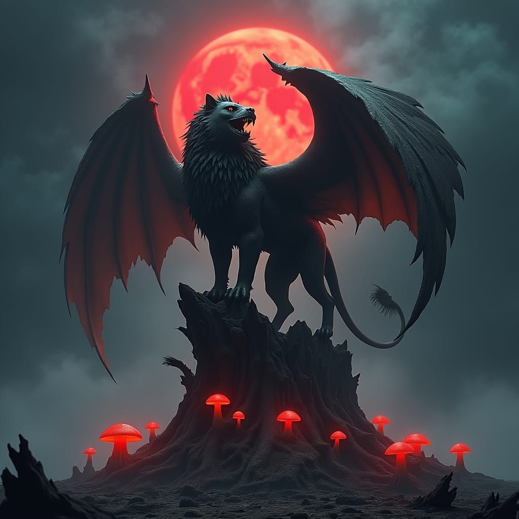 Menacing Lion-Eagle-Dragon Hybrid in Dark Fantasy Art