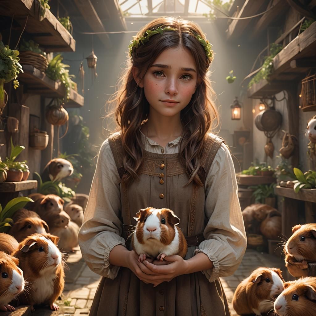 Girl Holding Guinea Pig in Fantasy Art Style