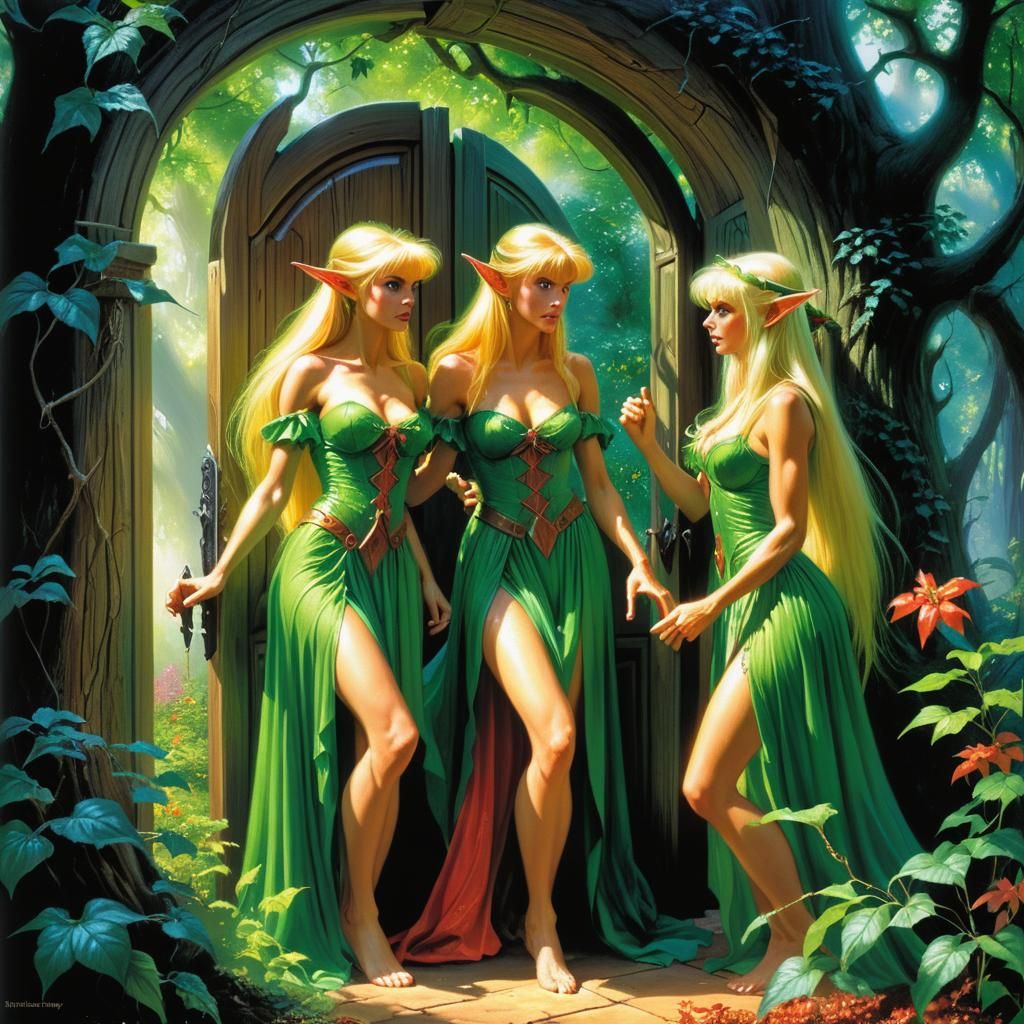 Elven Maidens in Botanical Garden, Fantasy Art