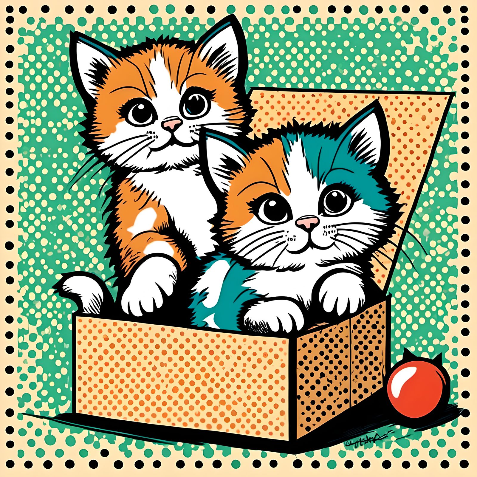 Kittens Cuddle in Pop Art Cardboard Box