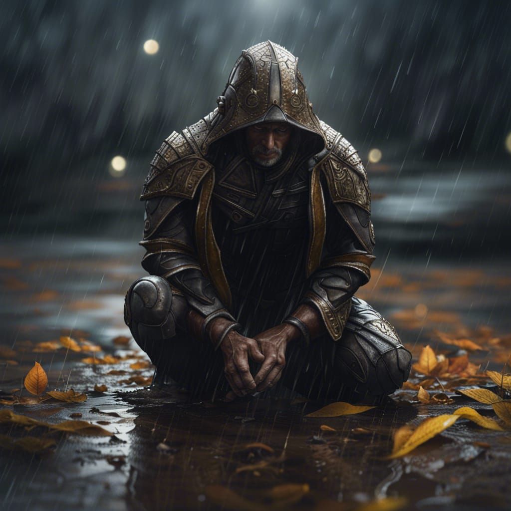 Fallen Hero Kneeling in Rain: Dramatic Studio Photo