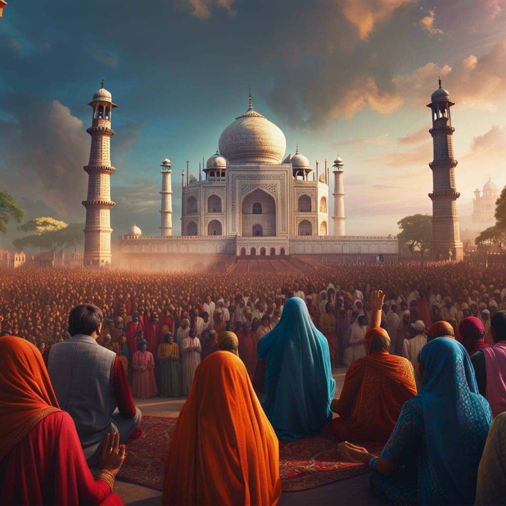 Indian People Praying at Taj Mahal: Fantasy Art