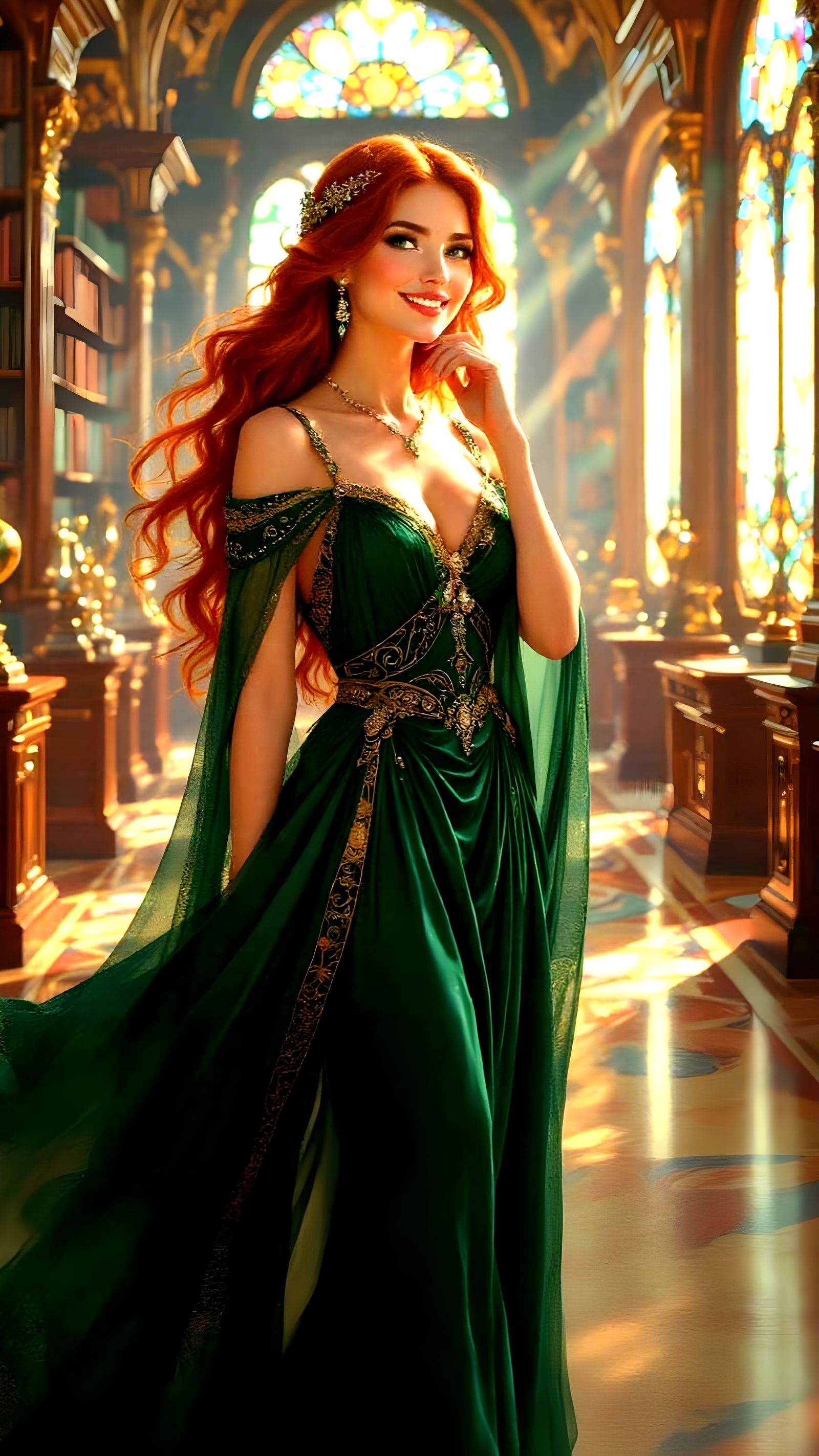 Elegant Woman in Library, Art Nouveau Style