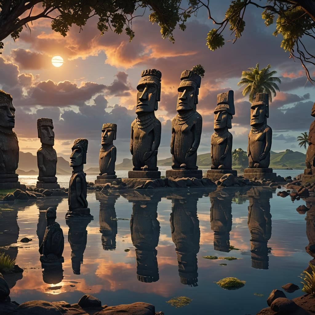 Easter Island Sunset Reflections: Fantasy Concept Art