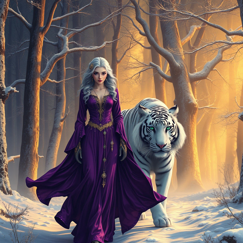 Woman and White Tiger in Frosted Forest