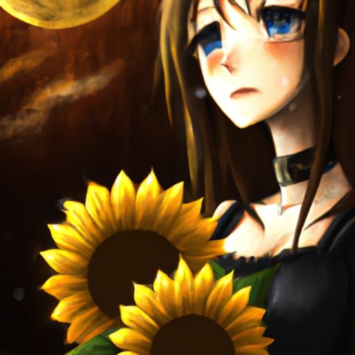 Gothic Anime Woman with Sunflowers at Night