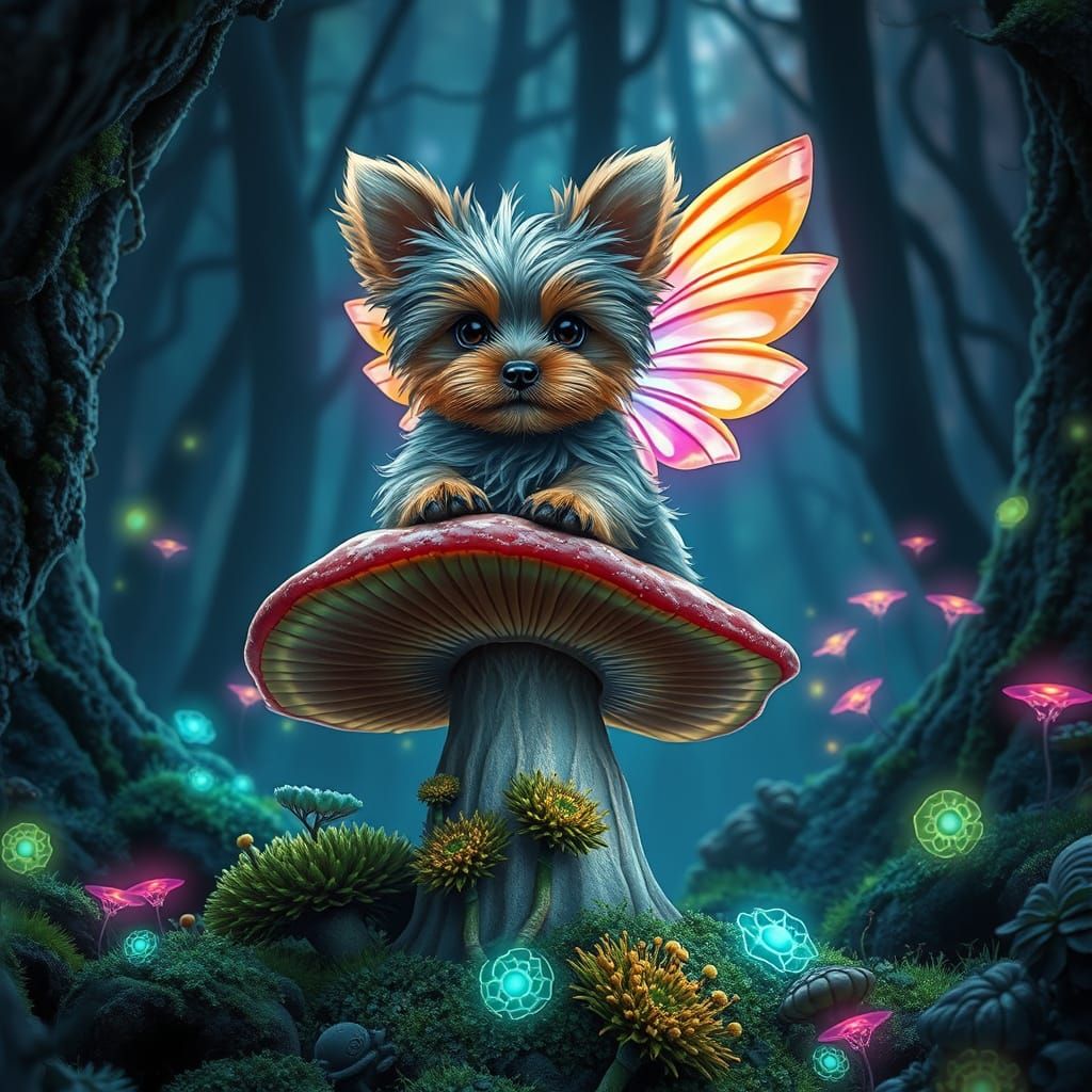 Yorkie Puppy in Bioluminescent Forest, Matte Painting