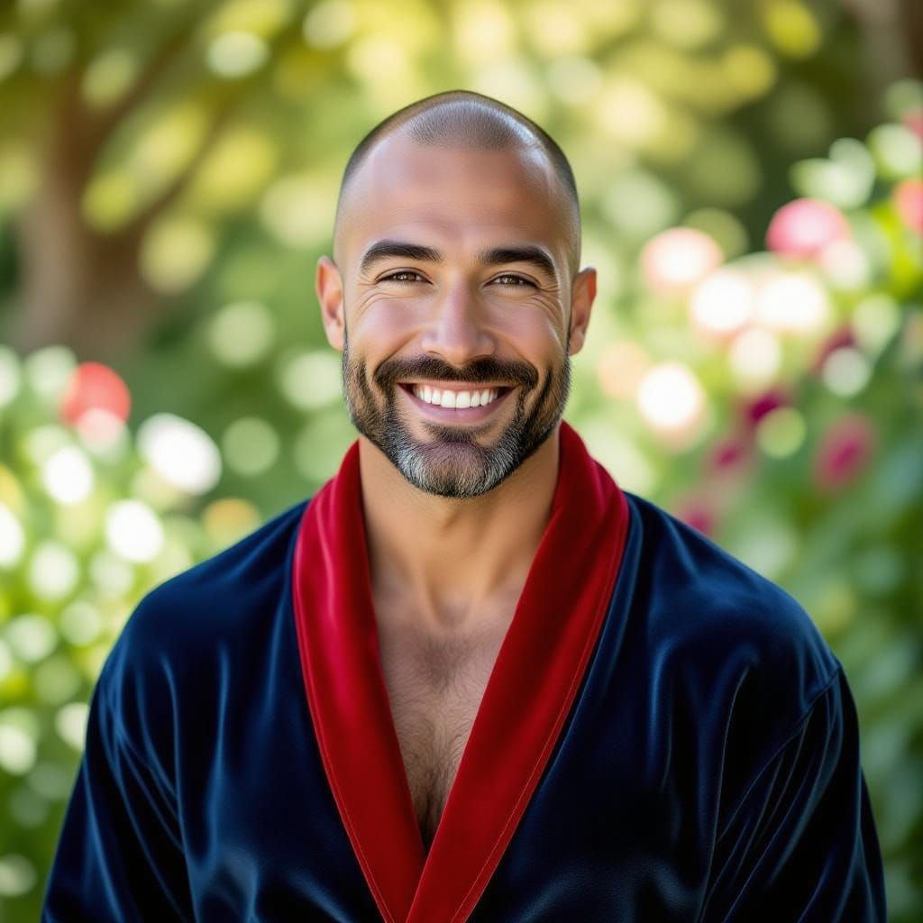 Joyful Bald Man in Velvet Robe in Garden