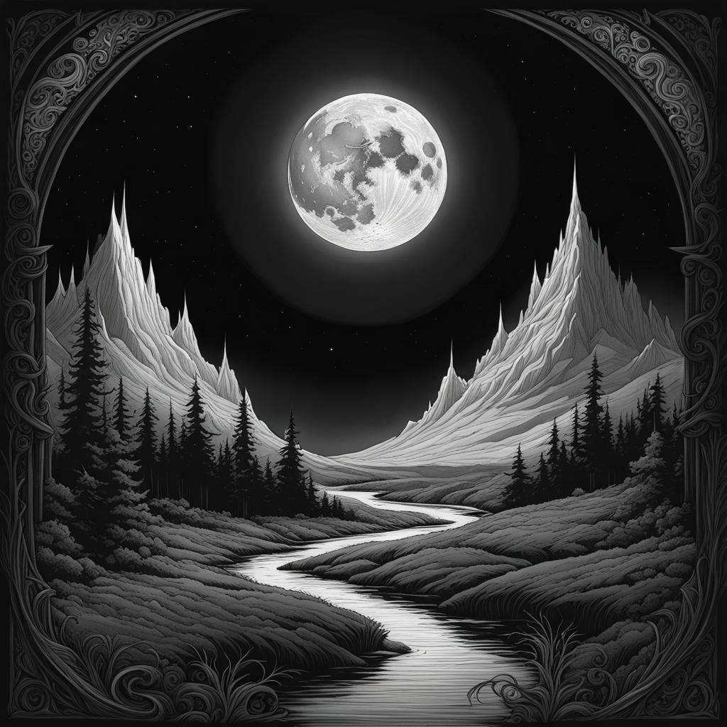 Mysterious Figure Under Moon in Pen and Ink