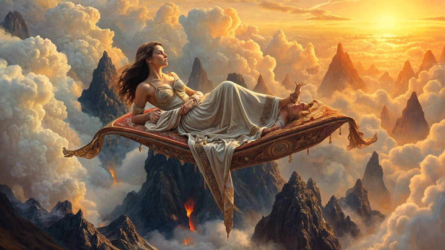 Woman on a Magic Carpet Ride in a Surreal Volcanic Landscape