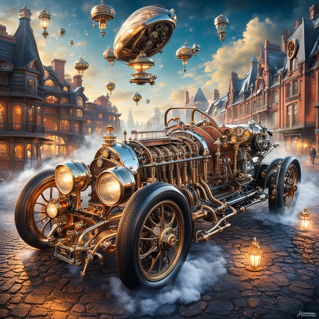 Steampunk Ferrari with Victorian Cityscape