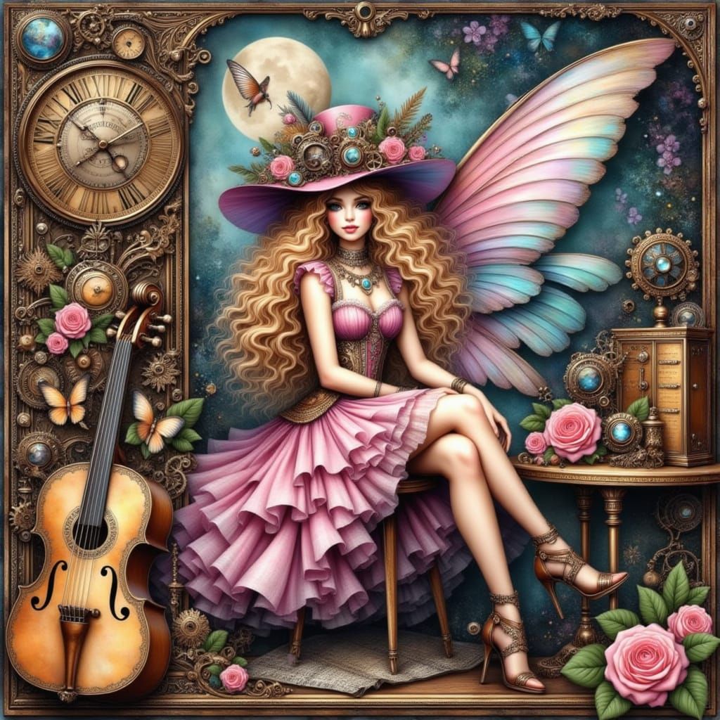 Enchanted Steampunk Fairy in Cosmic Musical Instrument Fores...