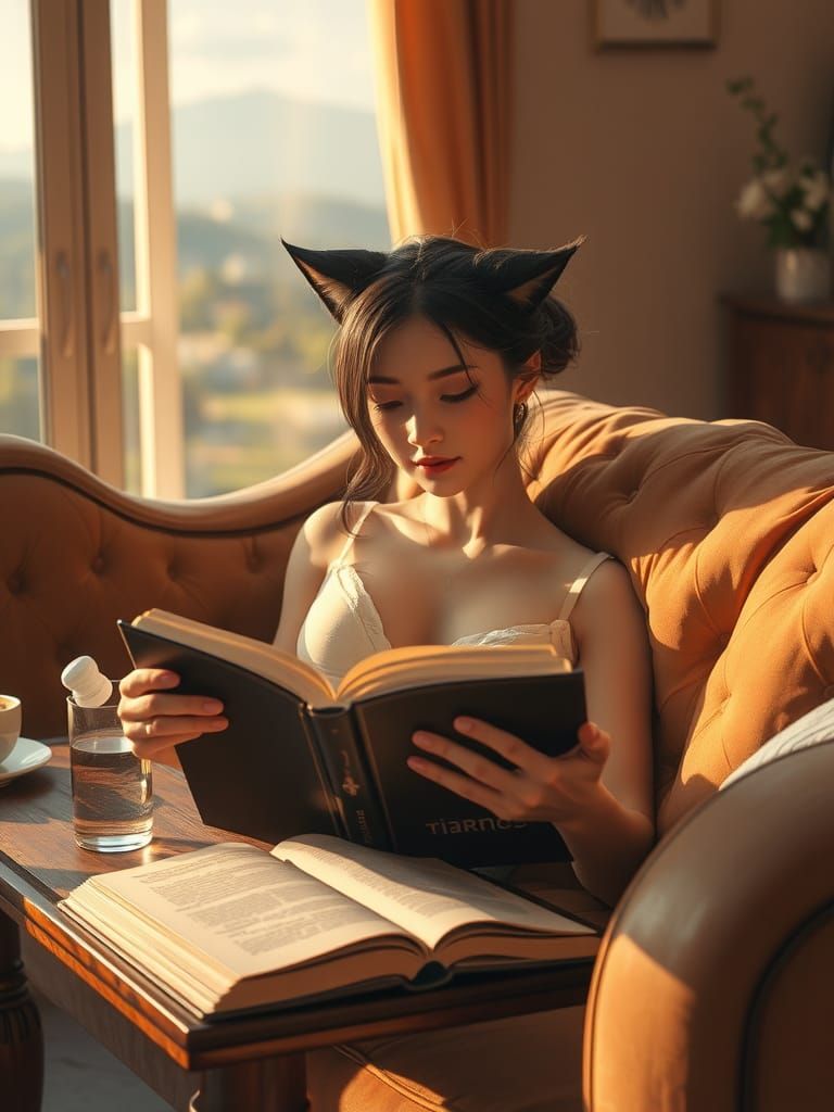 Neko Woman Reading Book in Cozy, Golden Living Room