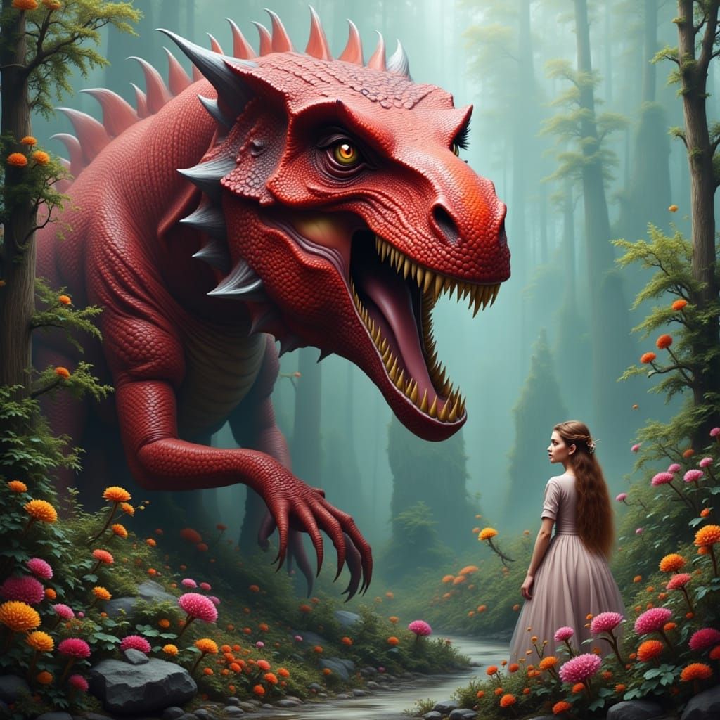 red Carnotaurus, accompanied by a beautiful witch