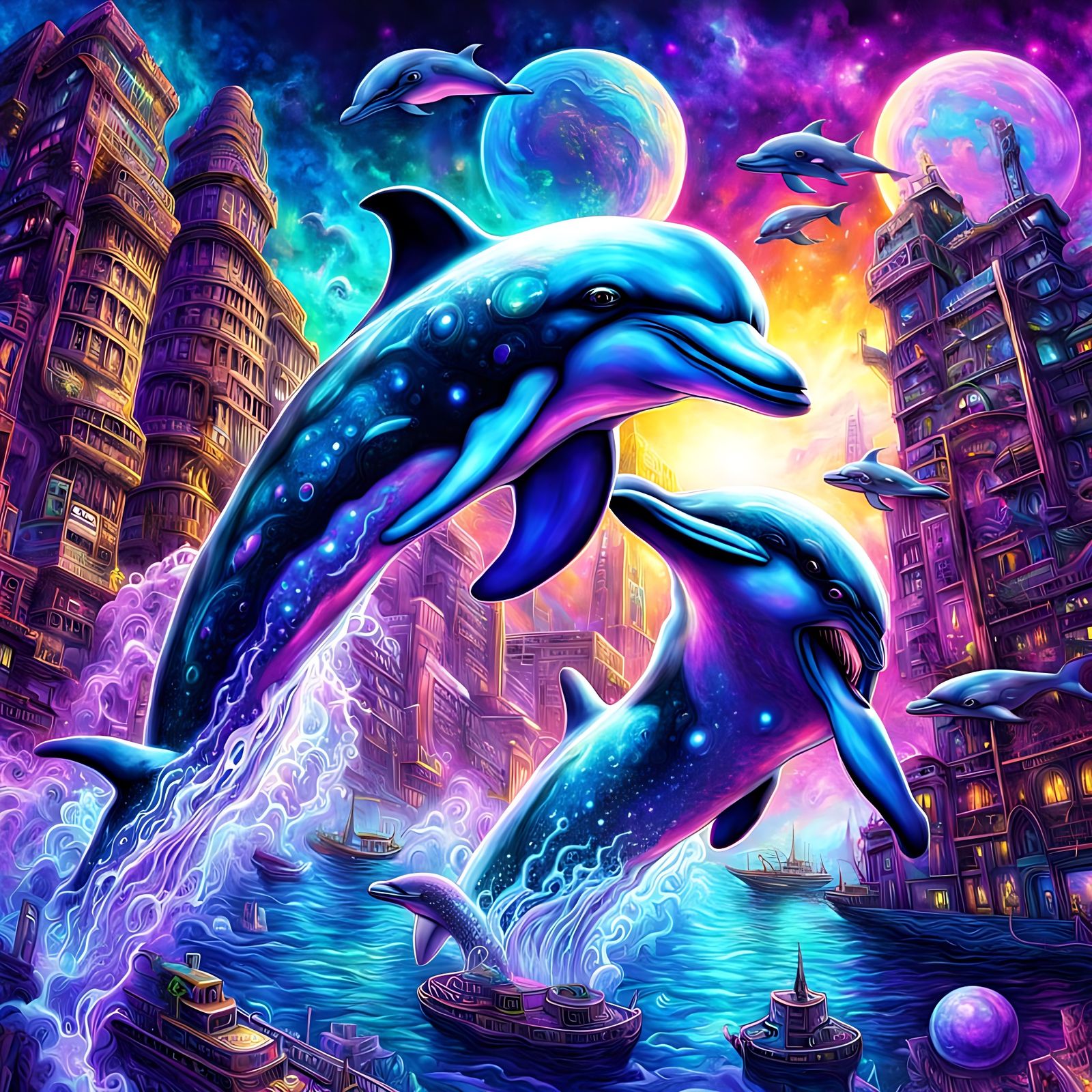 Iridescent Dolphins in Cosmic Cyberpunk Cityscape