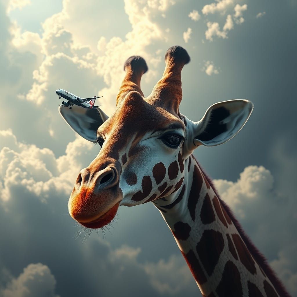 Giraffe Amidst Clouds with a Plane Flying By in Vast 8K Fant...