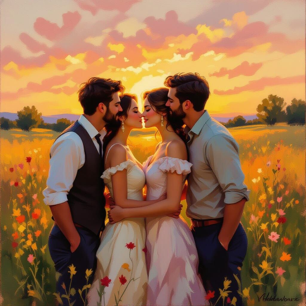 Romantic Meadow Sunset Kissed by Affectionate Men