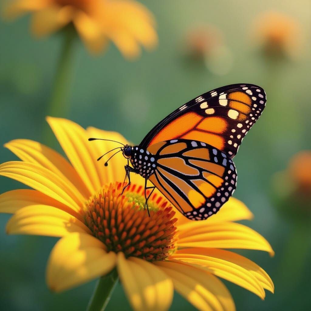 Monarch Butterfly on Yellow Flower in Anime Style