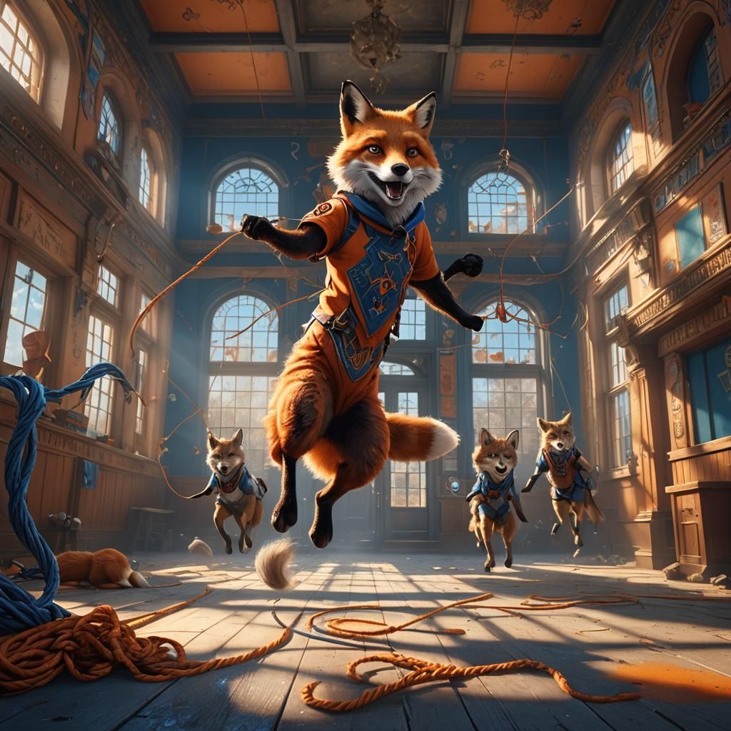 Fox Jumps Rope in School of Wolves: Fantasy Art