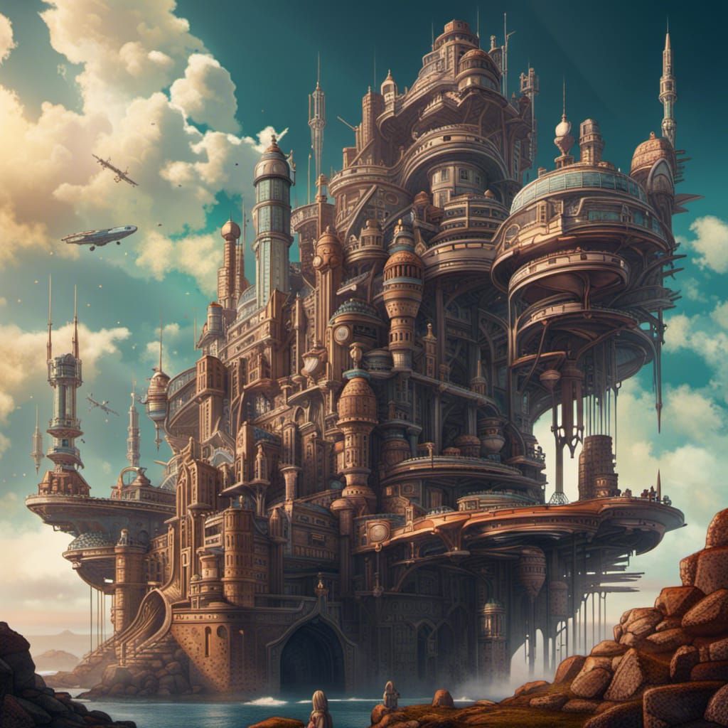 Retro-Futuristic Sky Castle in Detailed Matte Painting