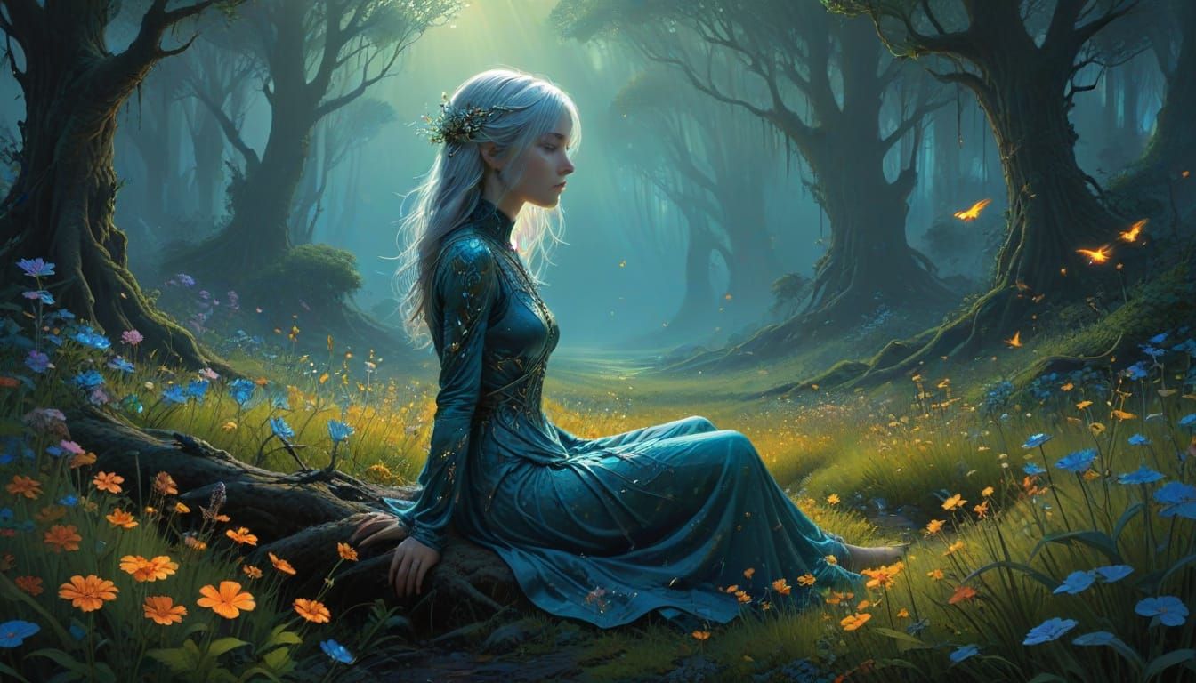 Surreal Woman in Bioluminescent Field with Glowing Hair Root...