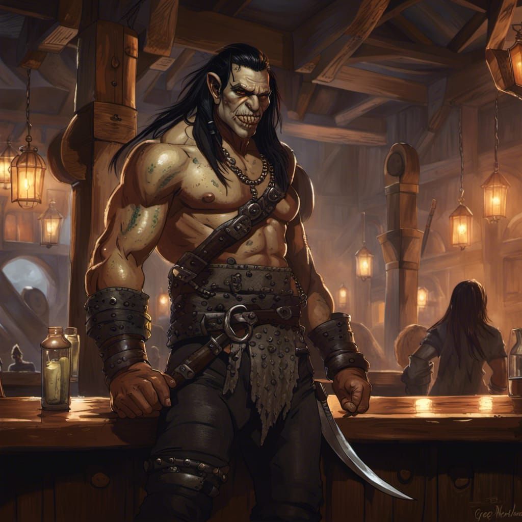 Detailed Half-Orc Barbarian in a Fantasy Bar