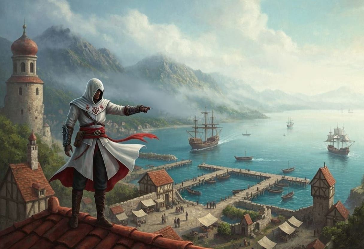 Assassin's Creed Rooftop Falcon, Impasto Oil Painting