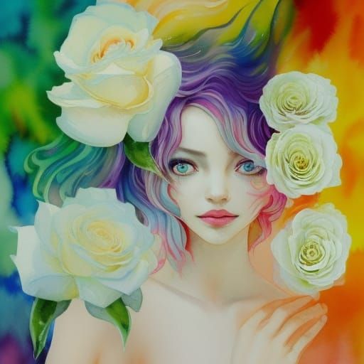Wavy Hair with White Roses, Liquid Gouache Painting