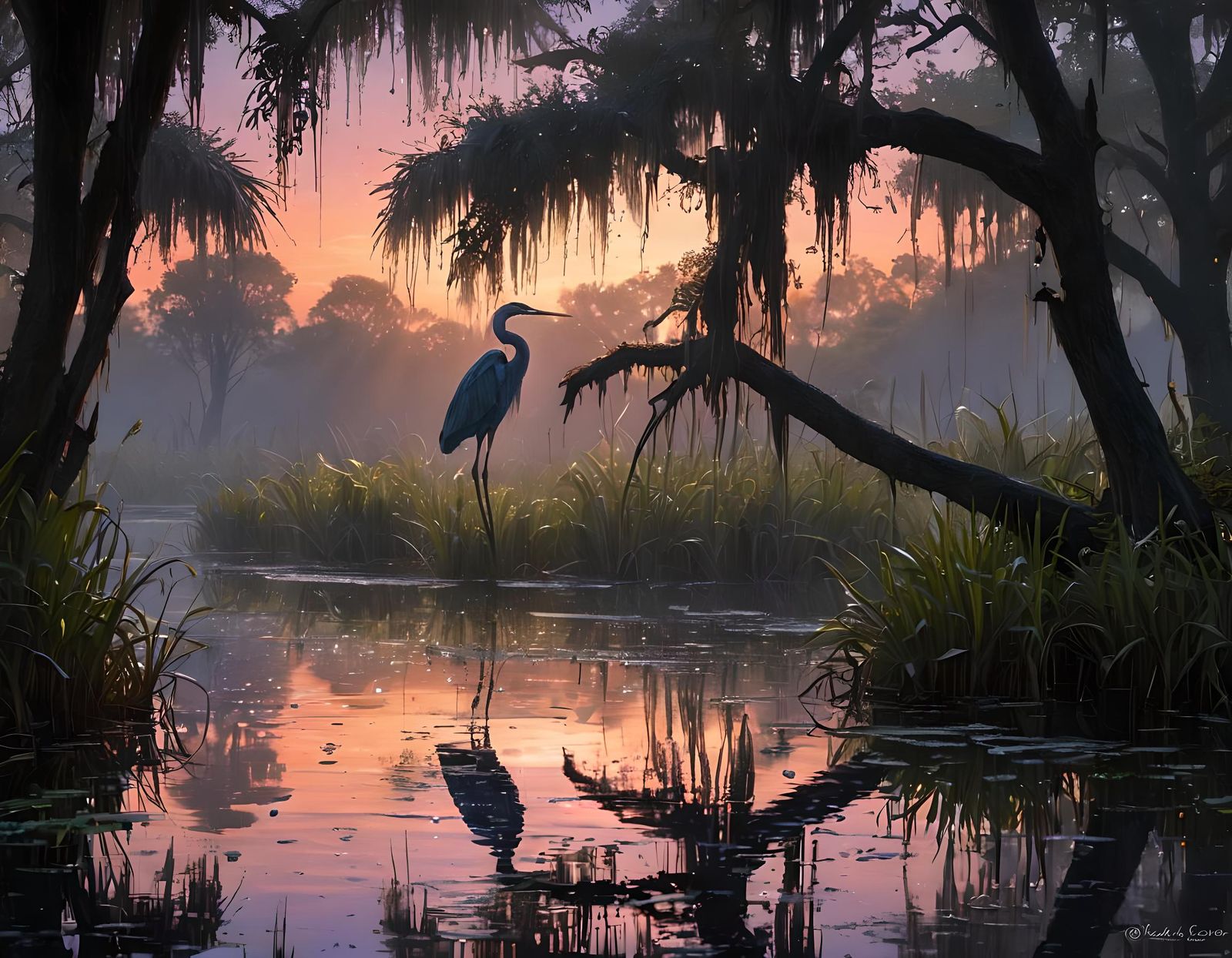 Shimmering Heron in Everglades Fantasy Landscape