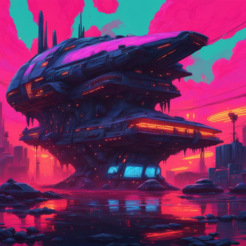 Melting Spaceship with Aliens in Cyberpunk Style