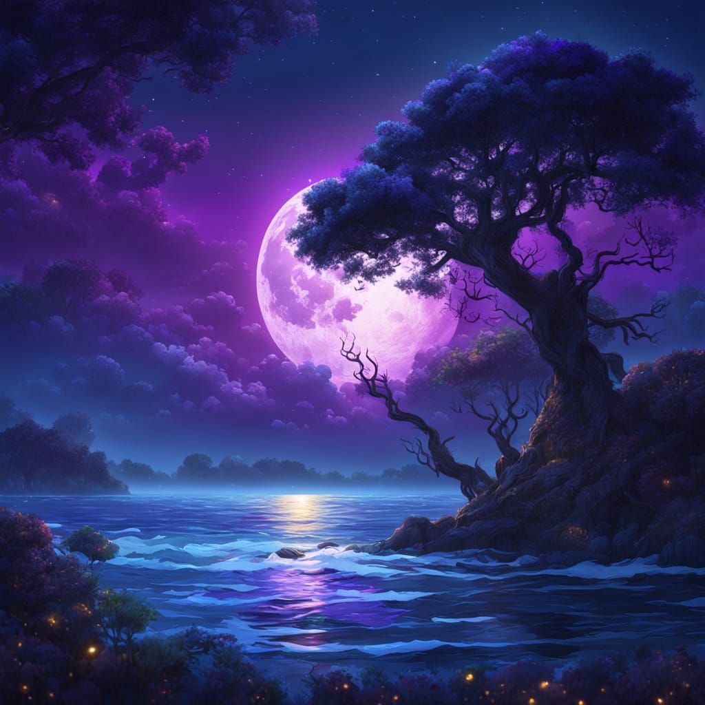 Fantasy Moon Rise Over Sea: Vibrant Oil Painting