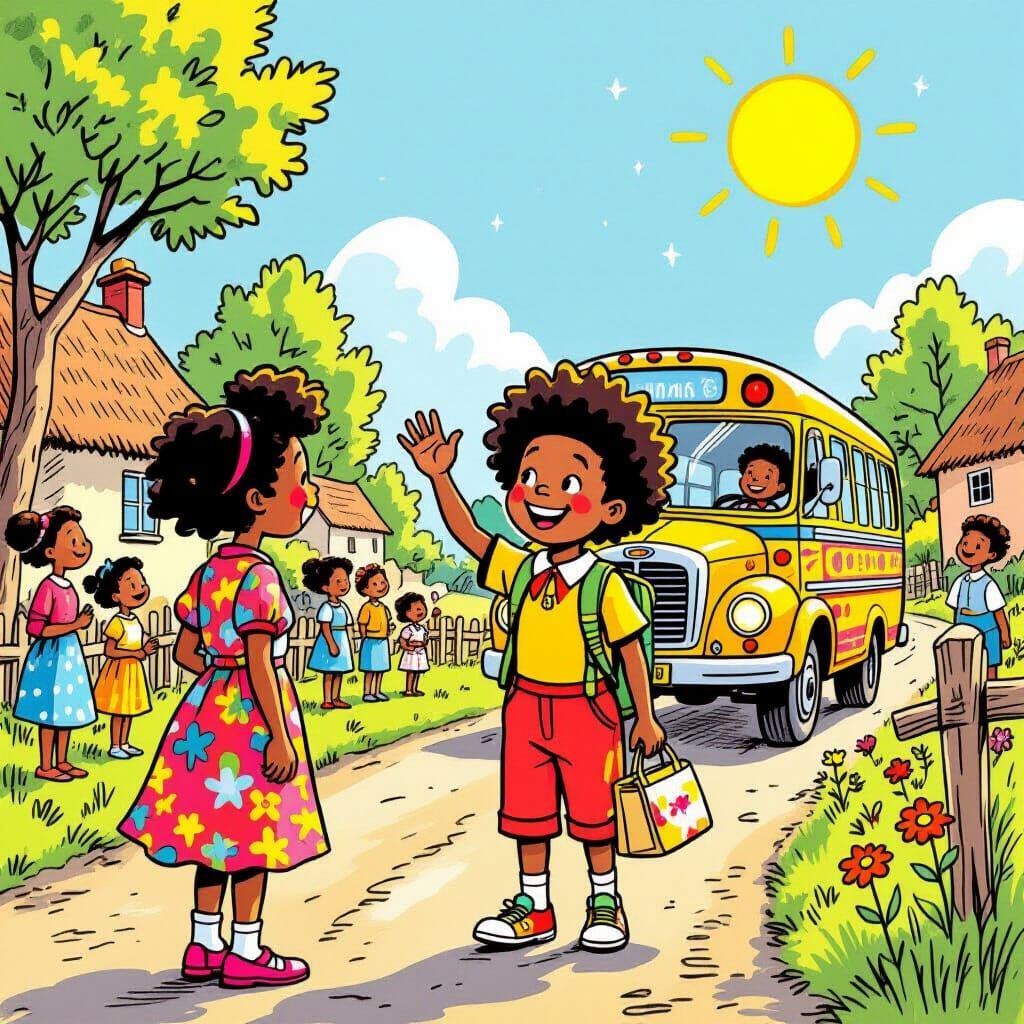 Afro Boy Waves Goodbye to Mother and Villagers for Bus Adven...