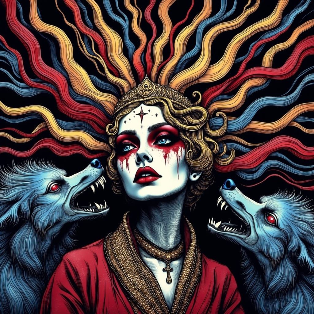 Queen of Hearts Medusa Fighting Wolves in Graffiti Art