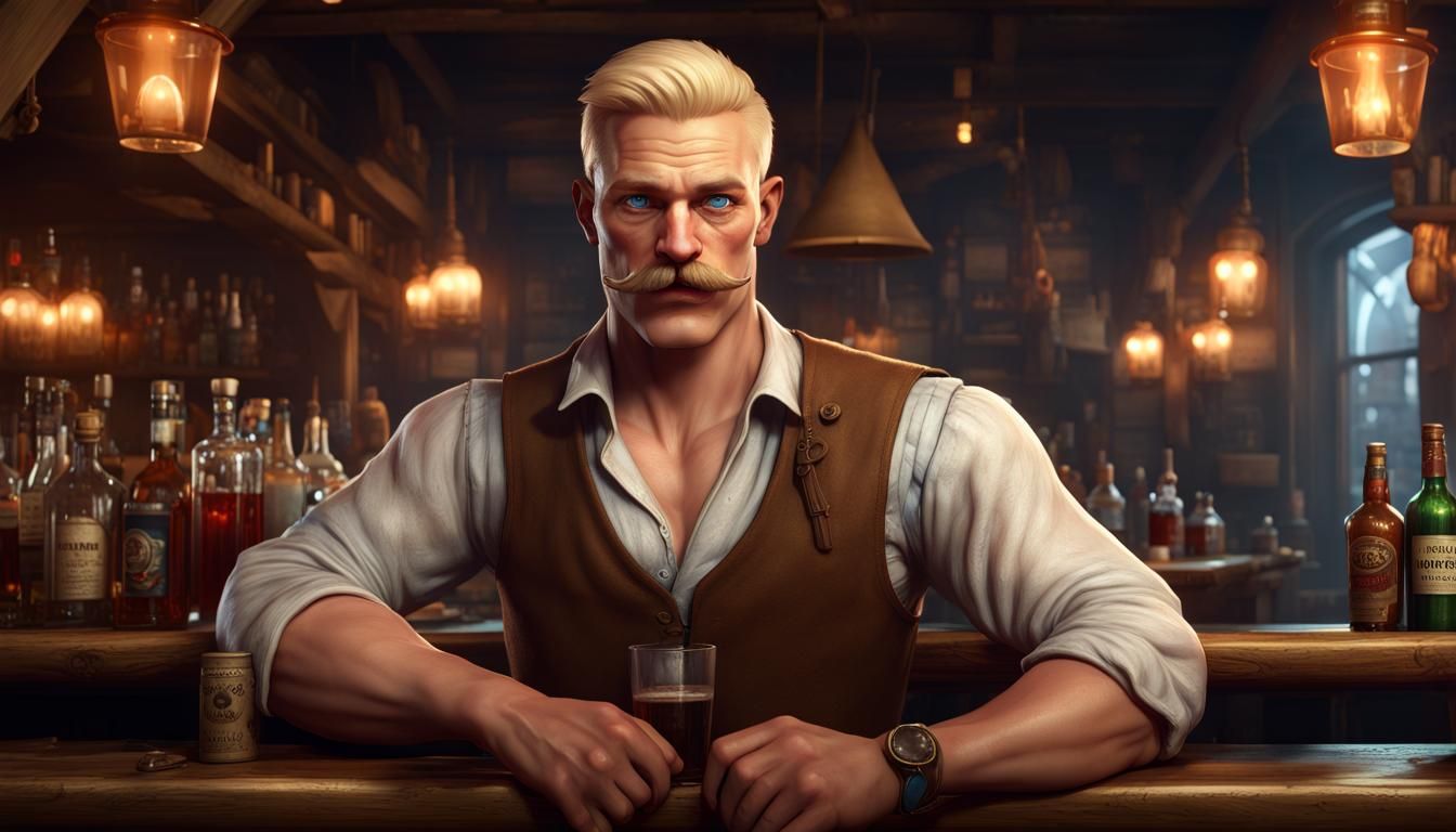 Buff Bartender in Tavern: DnD Fantasy Concept Art