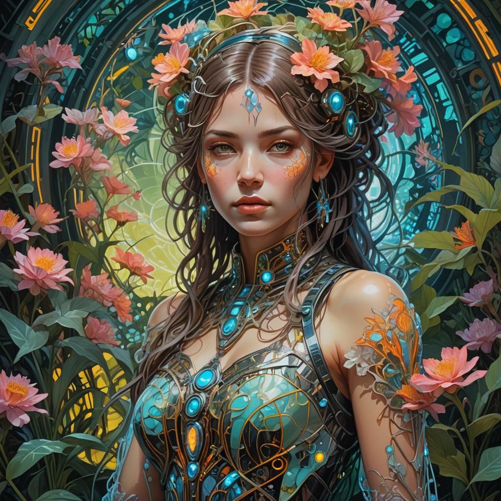Cyberpunk Princess in Fluorescent Botanical Garden