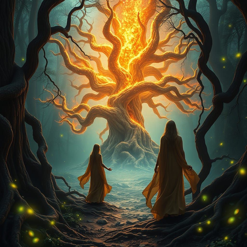 Mystical Female Figures Amidst Ancient Forest