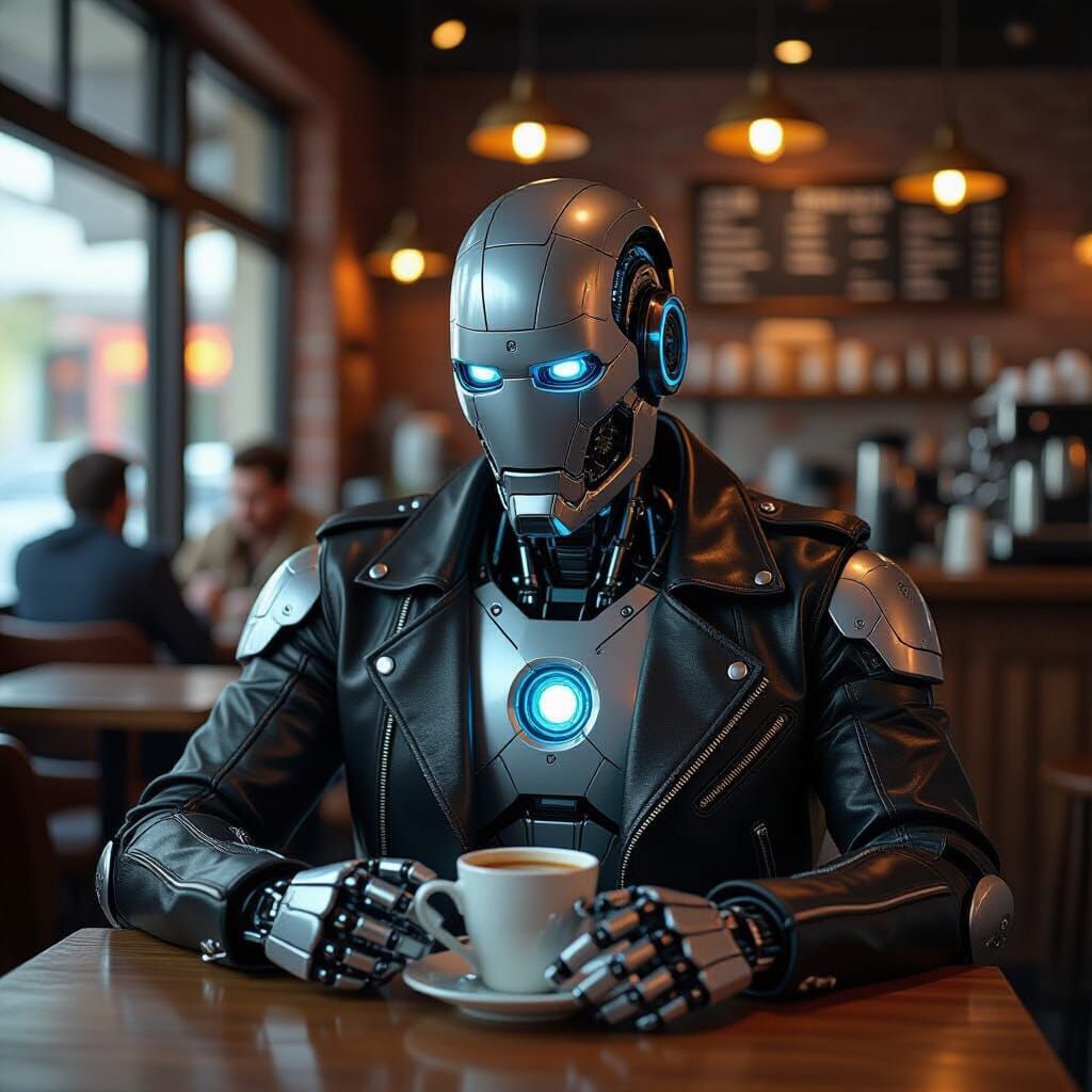 Heartbroken Robot in Coffee Shop, Photorealistic Cyberpunk S...