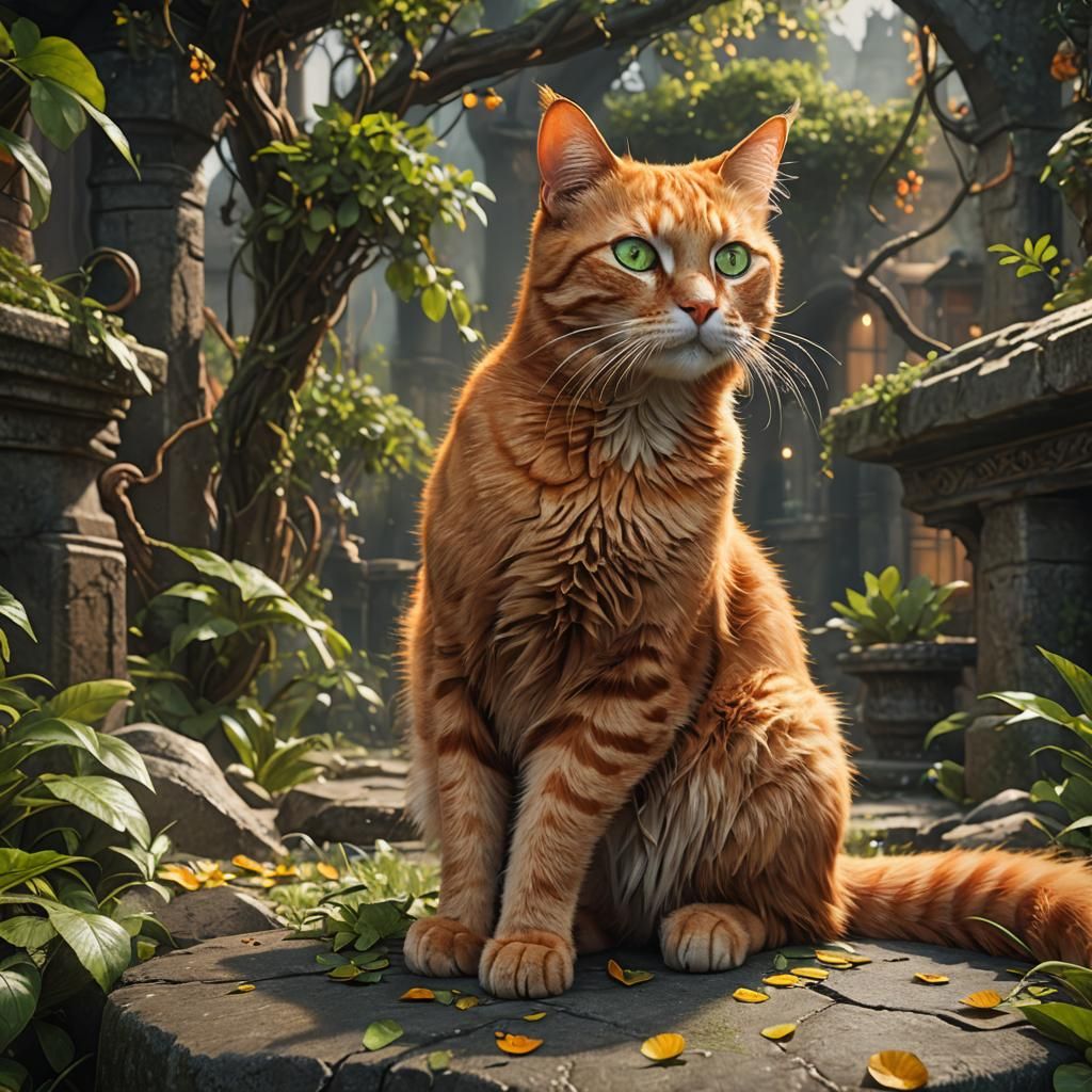 Orange Cat with Green Eyes: Detailed Matte Painting