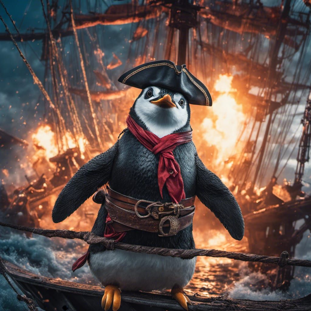 Penguin Pirate on Exploding Ship: Dark Fantasy Photography