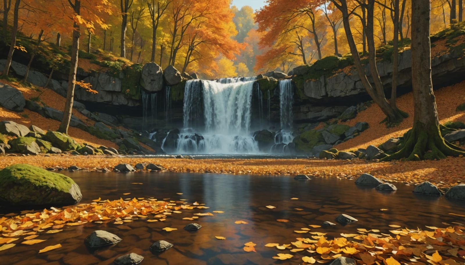 Autumn Waterfall in Woodland Clearing